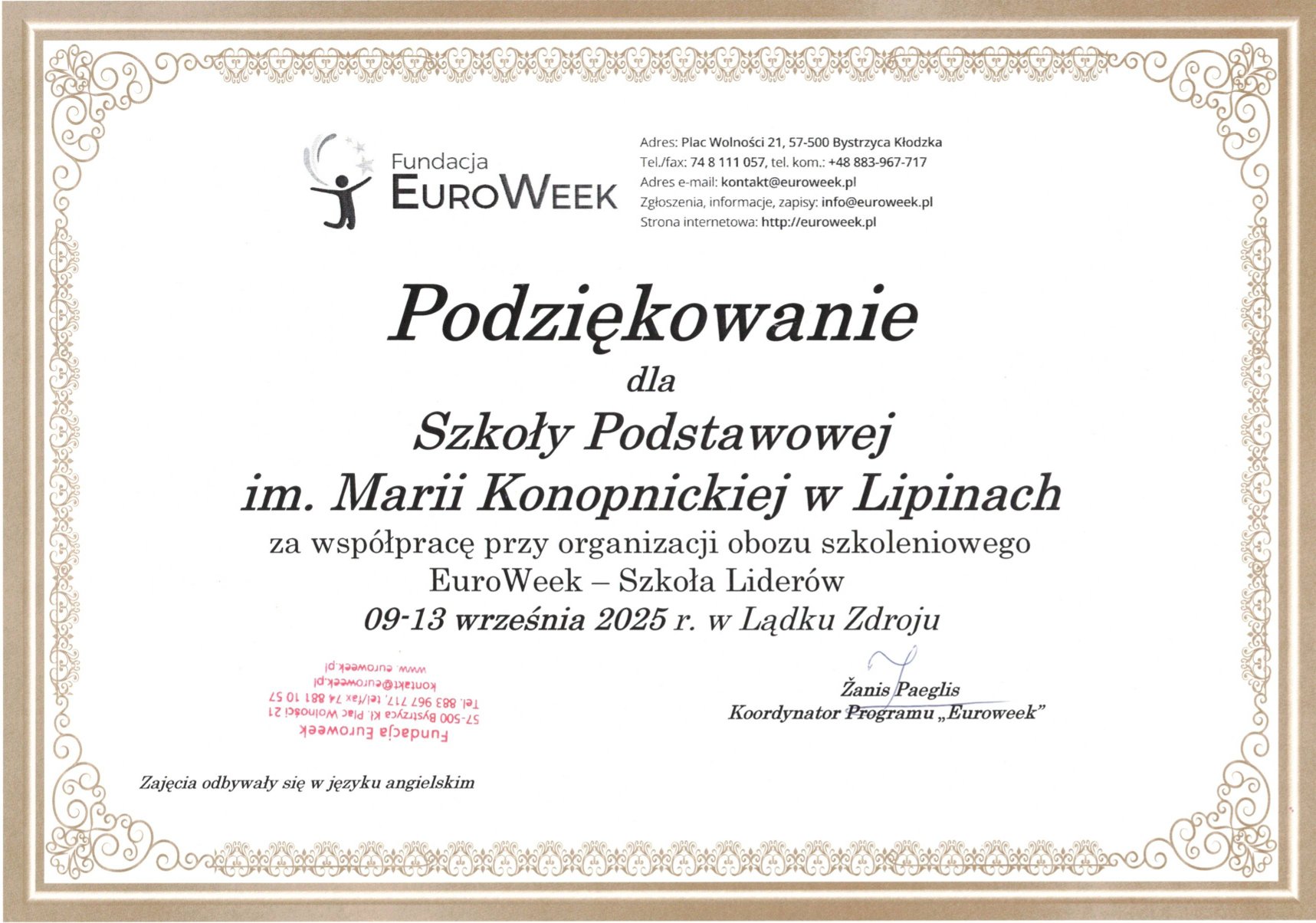 Podziękowanie dla naszej szkoły za współpracę przy organizacji obozu szkoleniowego EuroWeek - Szkoła Liderów